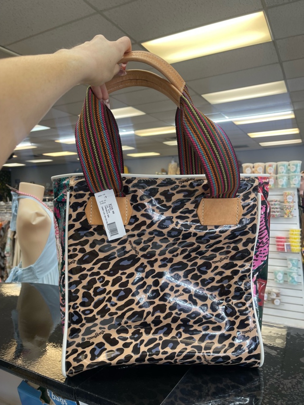 Consuela Leopard Print Tote with Multicolor Ribbon Handles